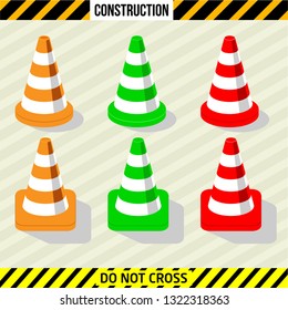 Road cones witn danger lines on striped background