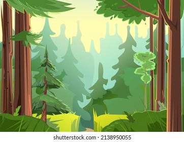 Road in the coniferous forest. Beautiful summer landscape with trees. Green pines and ate. Illustration in cartoon style flat design. Vector.