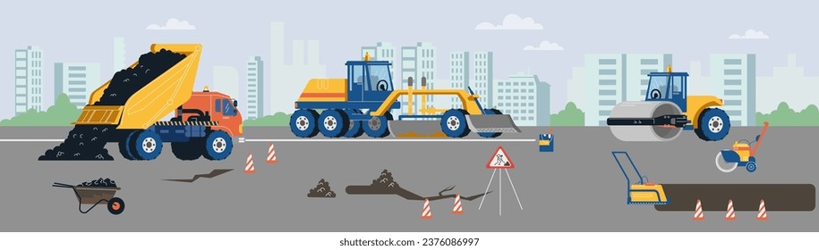 Road constructing asphalt cover surface highway on city silhouette using machinery. Drilling machine, roller, truck, excavator, loader repair road flat vector illustration