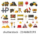 Road constructing. Professional tools for repair street roads instruments for workers recent vector colored icons set