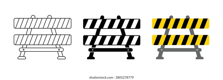 Road construction barrier icon set in thine outline, black flat and color. Roadblock icon collection vector illustration.
