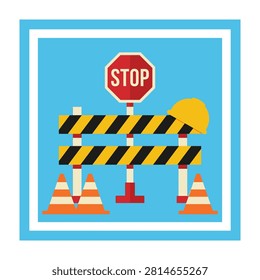 Road construction barrier with stop sign and traffic cones on blue background