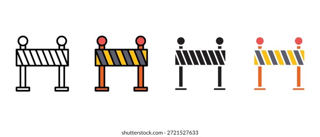 Barreiras de construção de estrada com ícone de luz de aviso definir vetor no fundo branco. segurança, cuidado, sinais, estrada, bloqueio, tráfego, ícone de cone. ilustração vetorial.