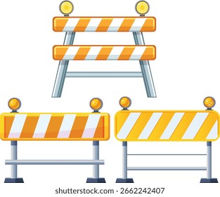 Road construction barriers with warning lights set for traffic safety