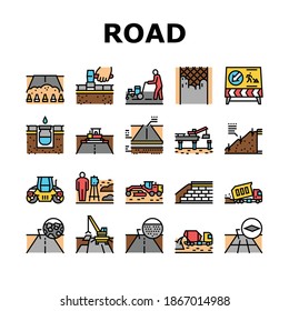 Road Construction Collection Icons Set Vector. Gravel Crushed Stone Road And Asphalt, Embankment And Strengthening Of Slopes, Bridge And Drainage Concept Linear Pictograms. Contour Illustrations