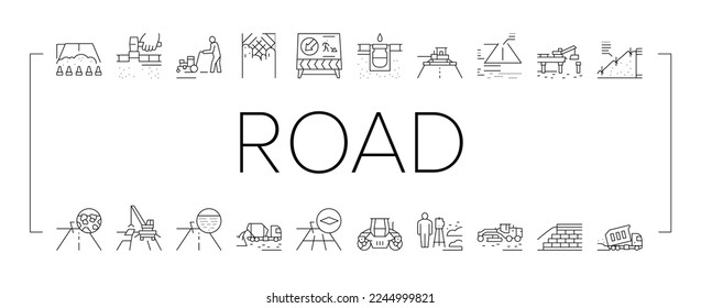 Iconos De Colección De Construcción De Carreteras Set Vector. Carretera De Piedra Aplastada Y Asfalto, Averiguamiento Y Refuerzo De Las Pistas, Ilustraciones De Contornos Negros De Puente Y Drenaje