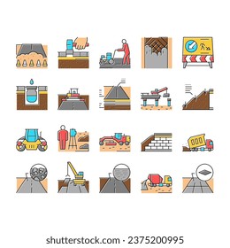 Road Construction Collection Icons Set Vector. Gravel Crushed Stone Road And Asphalt, Embankment And Strengthening Of Slopes, Bridge And Drainage Concept Linear Pictograms. Contour Illustrations