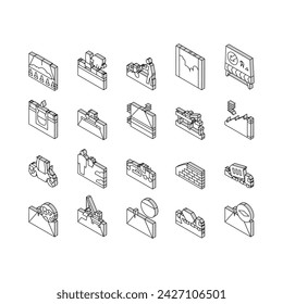 Road Construction Collection isometric icons set. Gravel Crushed Stone Road And Asphalt, Embankment And Strengthening Of Slopes, Bridge And Drainage Concept Linear Pictograms. Contour .