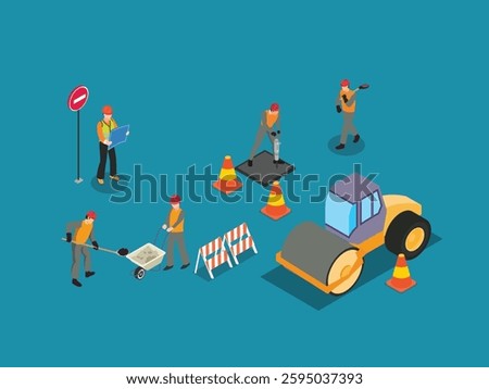 Road Construction Crew Working on Infrastructure Development 3d flat vector illustrations