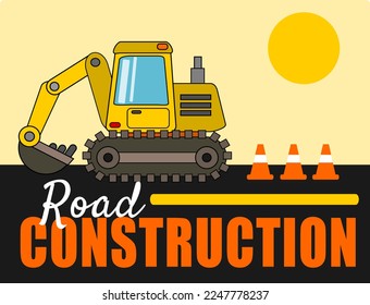 Road construction design with heavy machinery and safety cones