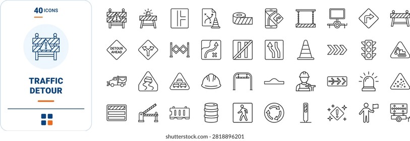 Road construction detour arrow barricade line icon set covering barrier, traffic, safety, and cone concepts, thin linear illustration.