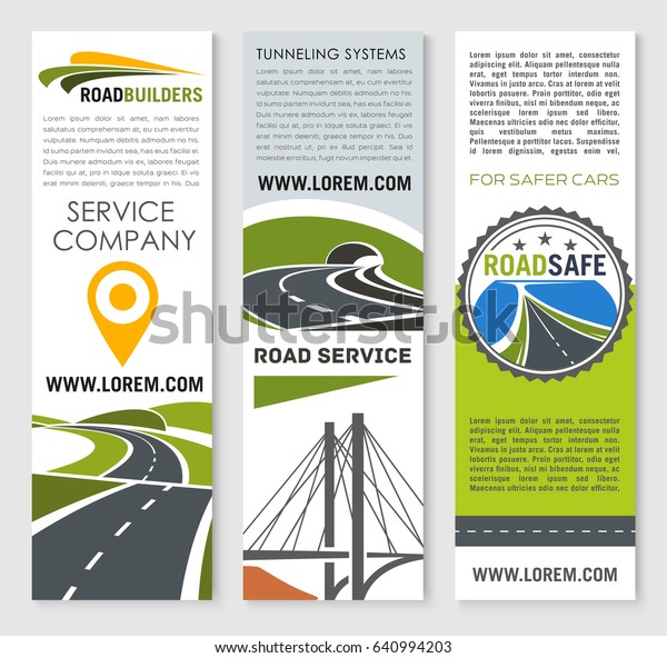 Road construction and development company banner\
set. Road bridge and tunnel building flyer, highway traffic safety\
brochure, car trip and travel poster for transportation service\
themes design