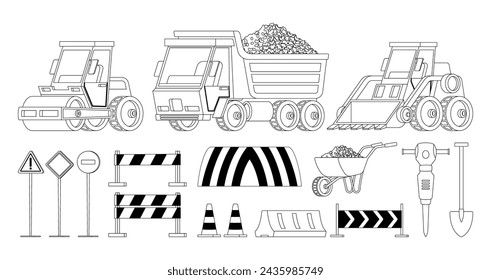Road Construction Equipment Isolated Outline Vector Icon Set. Bulldozer, Wheelbarrow And Tip Truck Monochrome Collection
