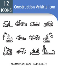 Road Construction Equipment Outline Icon Set With Wheel Loader,Motor Grader,Road Roller Machine,Excavator,Forklift Truck,Truck Crane .