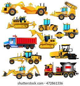 Road construction equipment set. Detailed vector icons, isolated on white. Digger, road rollers, loaders, bulldozer, tractor, scraper, grader, asphalt paver, mixer.