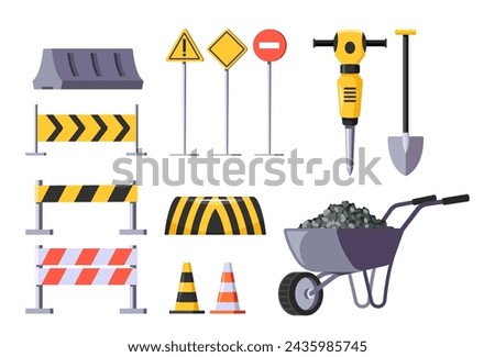 Road Construction Equipment Set. Isolated Cones, Striped Barriers, Warning Signs, Jackhammer, Wheelbarrow and Shovel