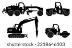 Road construction equipment silhouette on white background. Motor grader, road rollers, hydraulic jackhammer icons set view from side.