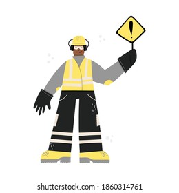 Road Construction or factory industrial worker wearing hard hat, earmuffs, safety gloves, work clothing and boots. Black Worker with danger sign hazard warning. Health and safety at work. PPE