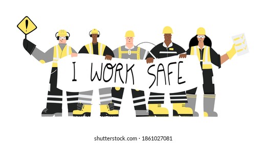 Road Construction or factory industrial workers wearing personal protective equipment with I work safe poster in hands. Black and white Workers working safely together. Health and safety at work. PPE