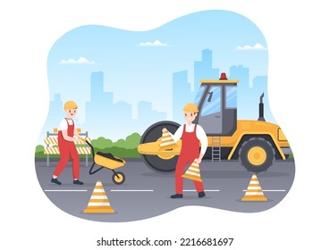 Road Construction and Highway Maintenance Workers Working on Asphalt Roads with Drilling Machine on Flat Cartoon Hand Drawing Template Illustration