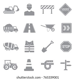 Road Construction Icons. Gray Flat Design. Vector Illustration. 