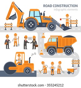 Road Construction Infographic Elements Vector Flat Design. Construction Work, Workers, Excavator, Roller, Bulldozer.