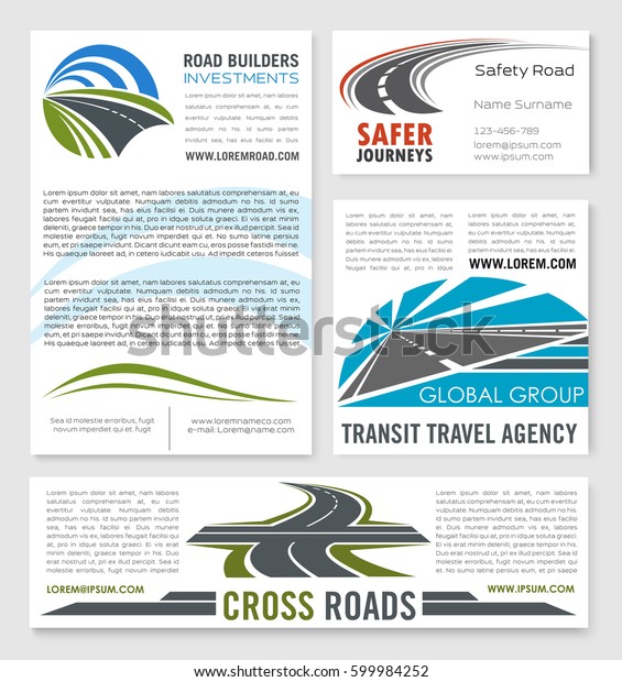 Road construction\
and investment company vector templates of banner and corporate\
business card for transit travel agency or highway or motorway\
safety transportation\
service