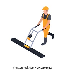Road construction isometric composition with character of builder with surface smoothing equipment vector illustration
