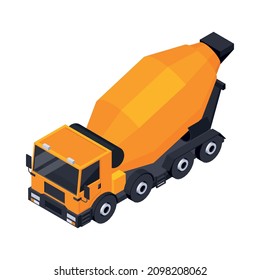 Road construction isometric composition with isolated image of orange truck vector illustration