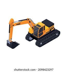 Road construction isometric composition with isolated image of orange excavator vector illustration