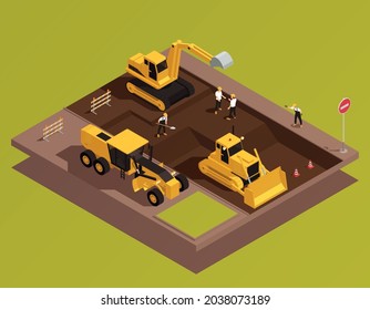 Road construction isometric composition with view of area with digging excavator bulldozer traffic cones and workers vector illustration