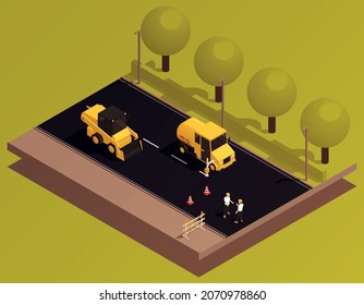 Road construction isometric composition with view of newly built roadway section with machinery cones and people vector illustration