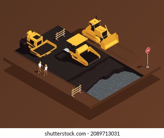 Road construction isometric composition with view of roadway platform with asphalt spreading machinery bulldozer and people vector illustration