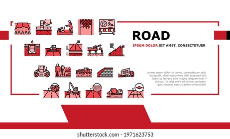 Road Construction Landing Web Page Header Banner Template Vector. Gravel Crushed Stone Road And Asphalt, Embankment And Strengthening Of Slopes, Bridge And Drainage Illustration