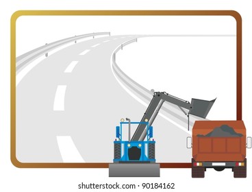 Road construction machinery in the background of a frame with an asphalt road.