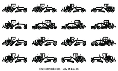 Road construction motor grader machinery icons set.