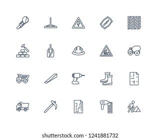 road construction, Nail gun, Construction plan, Hoe, Tipper, Parquet, Construction, Cordless drill, Dumper, Circuit Breaker, High voltage outline vector icons from 20 set