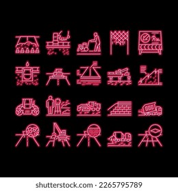 Road Construction neon light sign vector. Gravel Crushed Stone Road And Asphalt, Embankment And Strengthening Of Slopes, Bridge And Drainage Illustrations