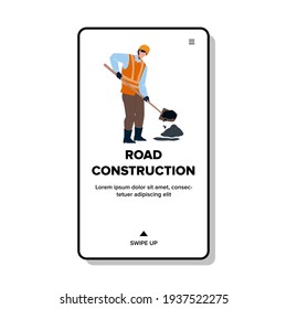 Ocupación De La Construcción De Carreteras Del Vector Reparman. Trabajador De Construcción De Carreteras Con Uniforme Con Hoyo De Parche De Hojas En Asfalto. Servicio de reparación de autopistas del Generador de caracteres Ilustración de caricaturas planas web