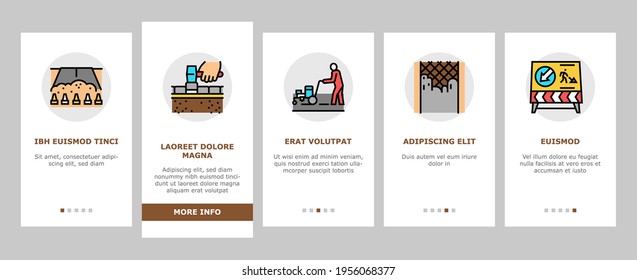 Road Construction Onboarding Mobile App Page Screen Vector. Gravel Crushed Stone Road And Asphalt, Embankment And Strengthening Of Slopes, Bridge And Drainage Illustrations