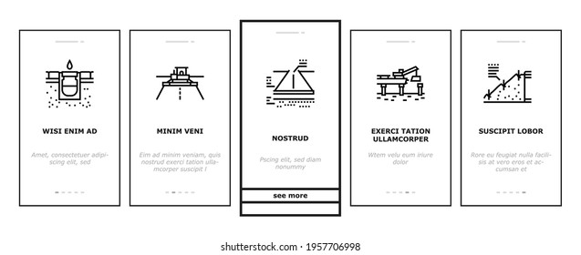 Road Construction Onboarding Mobile App Page Screen Vector. Gravel Crushed Stone Road And Asphalt, Embankment And Strengthening Of Slopes, Bridge And Drainage Illustrations