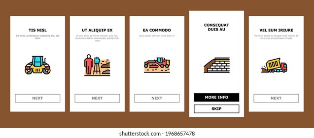 Road Construction Onboarding Mobile App Page Screen Vector. Gravel Crushed Stone Road And Asphalt, Embankment And Strengthening Of Slopes, Bridge And Drainage Illustrations