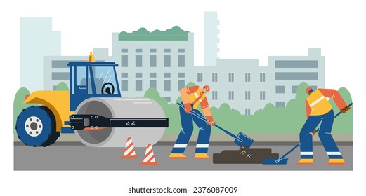 Construcción de carreteras y pavimentación de ilustraciones vectoriales en silueta de ciudad. Los trabajadores reparan la superficie de la carretera de asfalto con herramientas manuales. Compactador, rodillo de carretera vibratorio y pavimento asfalto