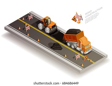 Road construction pit collapse repairs isometric composition and traffic cones signs   road machinery laying asphalt vector illustration