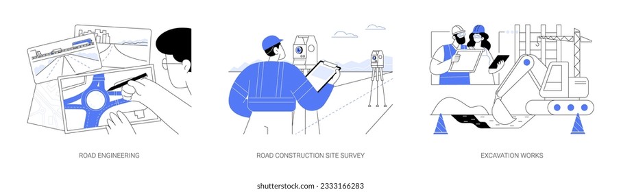 Road construction process abstract concept vector illustration set. Road engineering, highway plan, construction site survey, excavation works, infrastructure building abstract metaphor.