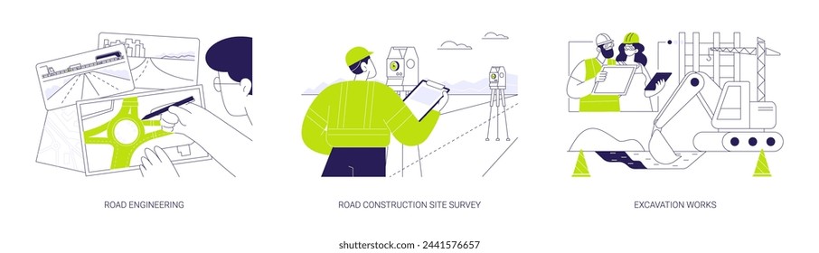 Straßenbauprozess Abstraktes Konzept Vektor Illustration Set. Straßenbau, Autobahnplan, Baustellenerhebung, Grabungsarbeiten, Infrastrukturbau abstrakte Metapher.