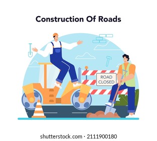 Road construction and repair. Builder driving a rolling heavy vehicle making asphalt. City area development. Flat vector illustration