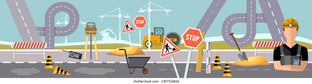 Road construction and road repair fla cartoon banner 