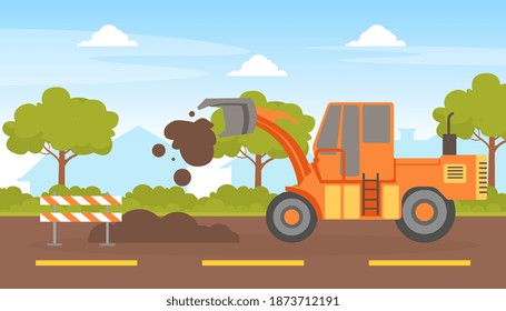 Road Construction and Repair, Heavy Construction Machinery, Excavator Digging on Road Vector Illustration
