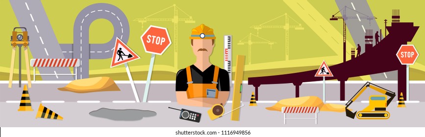 Road construction and road repair vector banner 